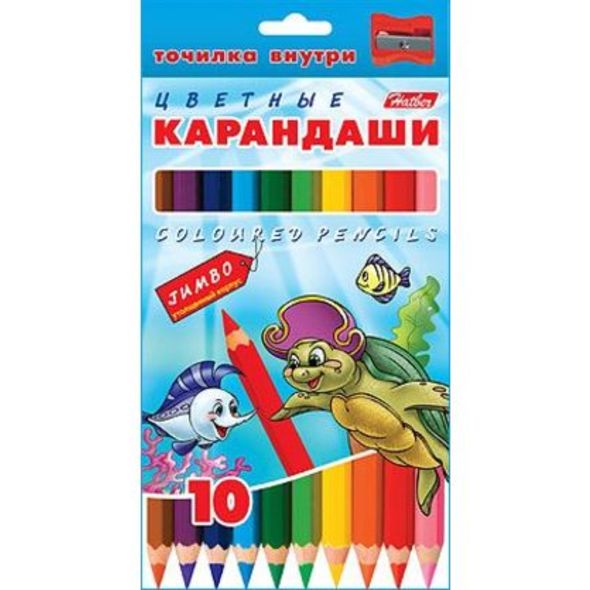 Карандаши цветные утолщен.корпус Hatber 10 цв. JUMBO-Морская семейка- с заточ.   с точилкой в карт.короб. с европодвесом , 